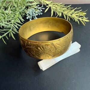 Vintage Brass Bangle Bracelet Etched Floral | Wide Gold Tone Cuff | Boho